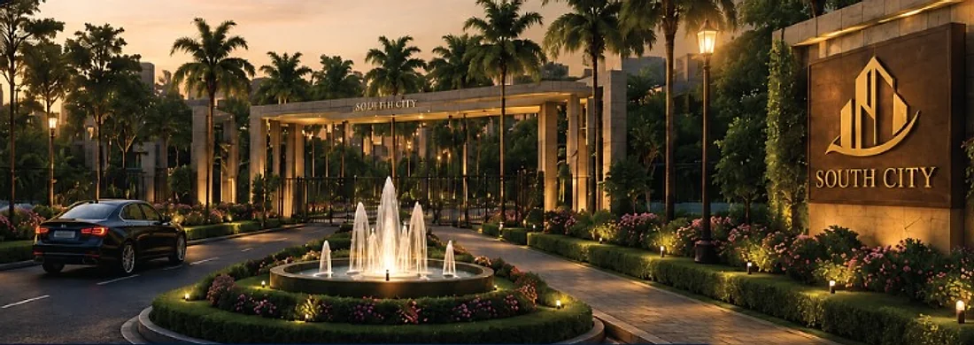 Gateway & fountain at dusk